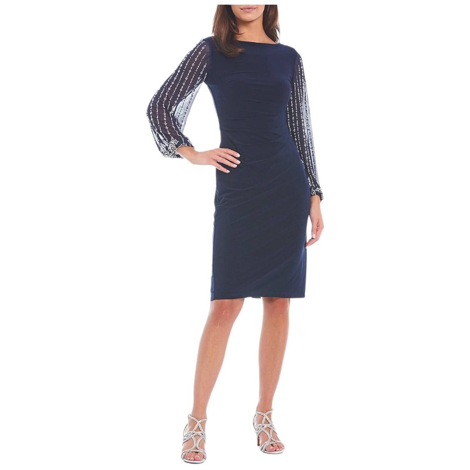 New Marina Round Neck Beaded Lace Long Sleeve Side Drape Sheath Dress 6